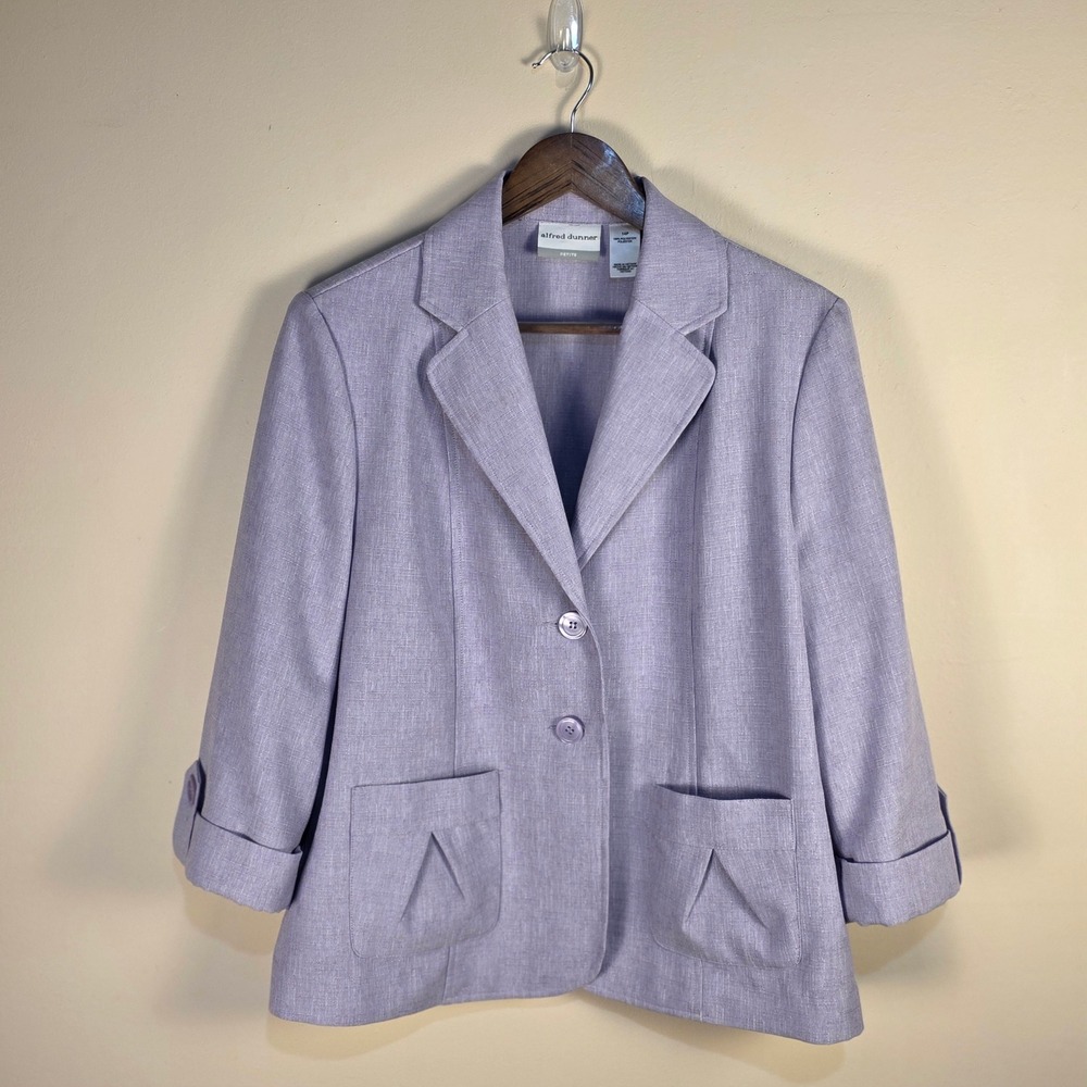 Alfred Dunner Blazer Women‎ 14P Purple Textured 3/4 Sleeve Button Front Jacket